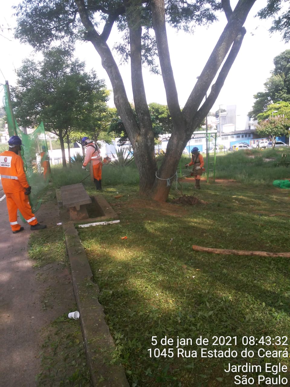 Homens com uniforme laranja trabalham cortando grama em uma praça. Usam proteção de tela verde.
